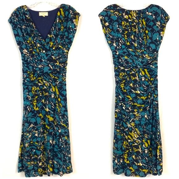 Anthro Moulinette Soures Abstract Print Faux Wrap Ruched Midi Dress - Picture 5 of 8